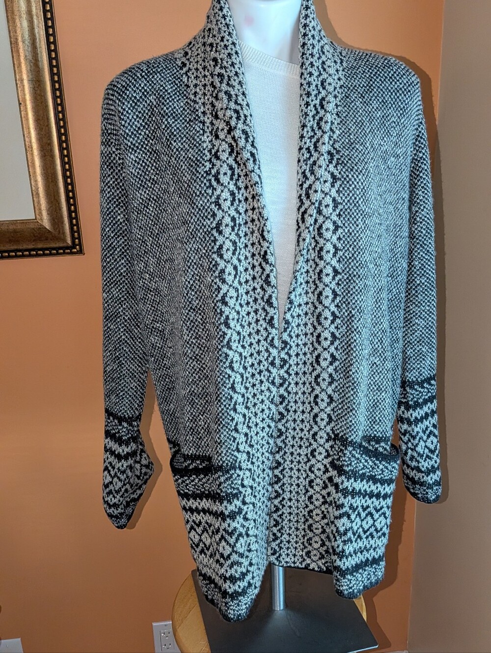 Lucky Brand Black and White Open Front Knit Cardigan Sweater Size M Cotton